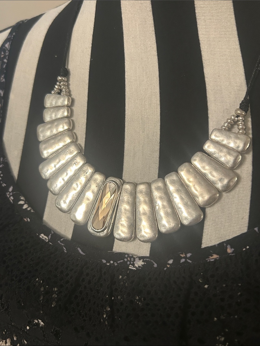 Bella Uno Silver Statement Bib Necklace with Faceted Center Stone